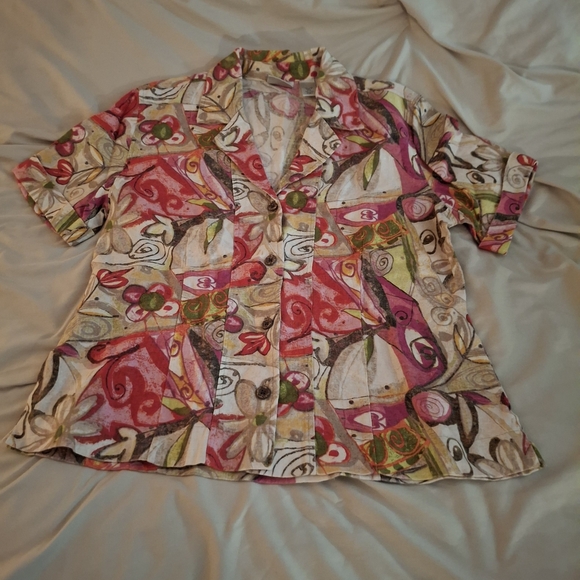 Chico's Women's Colorful Abstract Floral Linen Short Sleeve Shirt - Picture 3 of 7